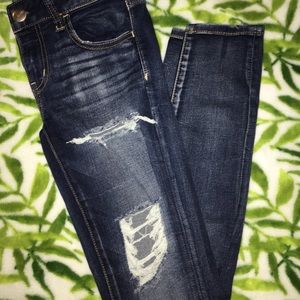ae dark wash destroyed jeans